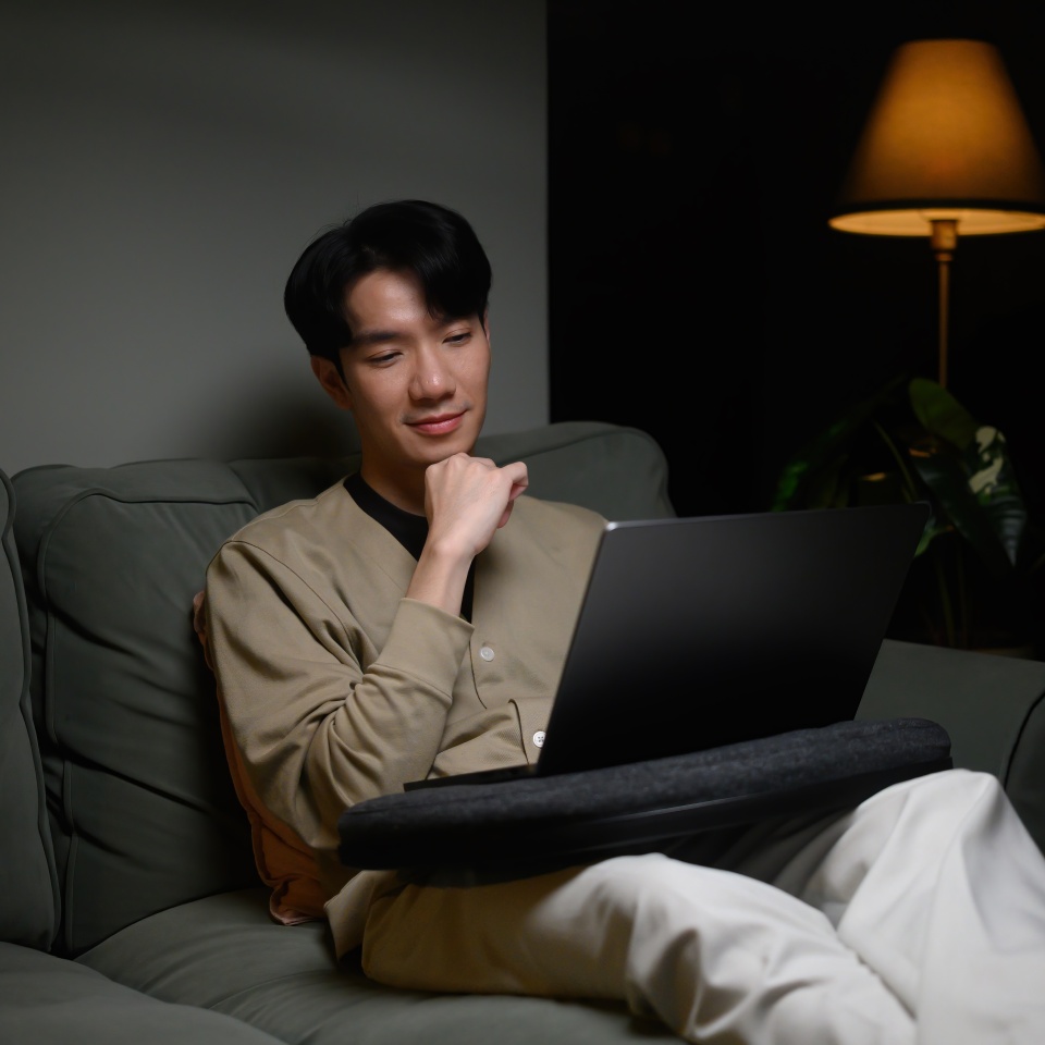 Comfortable home office atmosphere with a man browsing or studying on his laptop in a quiet nighttime setting.