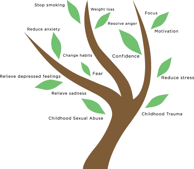 Illustration of a tree with branches labeled with mental health goals such as confidence, weight loss, reduce anxiety, focus, motivation, and childhood trauma.