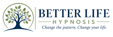 Logo for Better Life Hypnosis featuring a leafy tree icon, the business name, and the slogan “Change the pattern. Change your life.” in a clean, professional style.