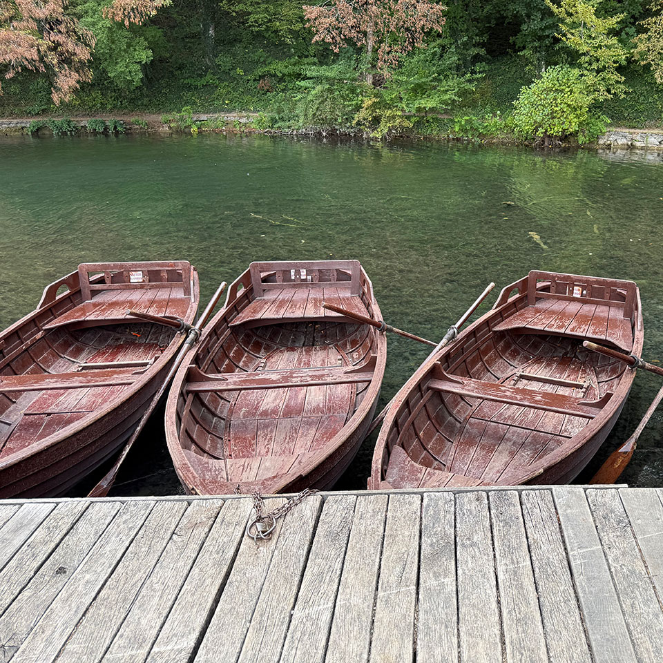 Three wooden rowboats are tied to a dock on a clear, greenish lake, with trees and foliage in the background.